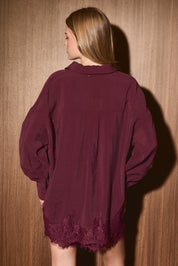Lovelace Lace Hem Button Down - Burgundy