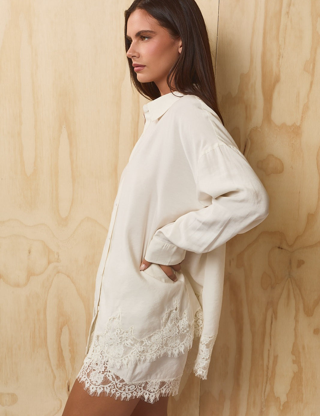 Lovelace Lace Hem Button Down - Cream