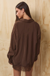 Lovelace Lace Hem Button Down - Dark Brown