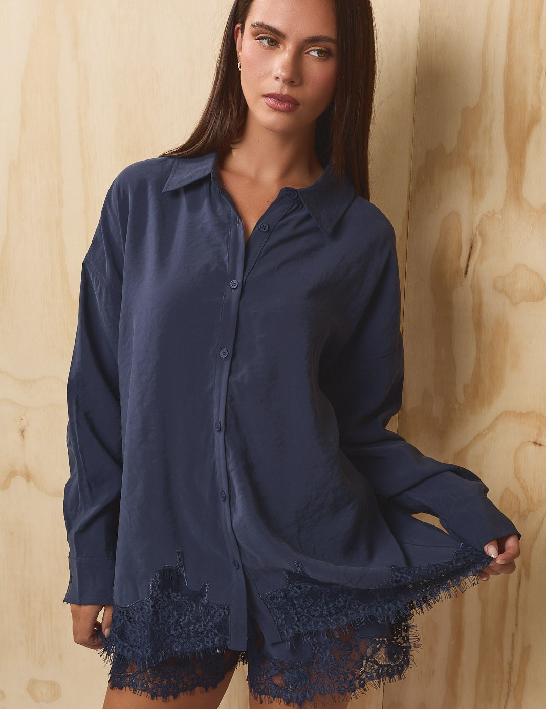 Lovelace Lace Hem Button Down - Dusty Navy