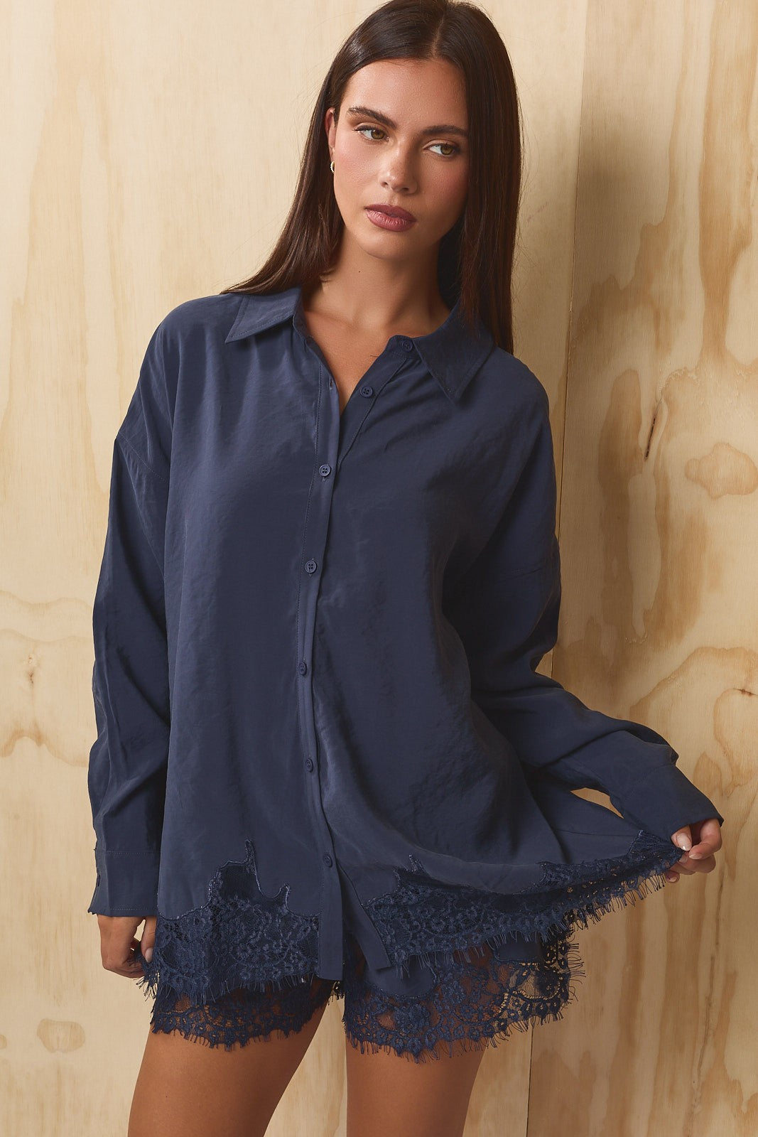 Lovelace Lace Hem Button Down - Dusty Navy