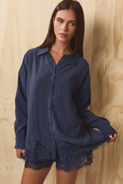 Lovelace Lace Hem Button Down - Dusty Navy