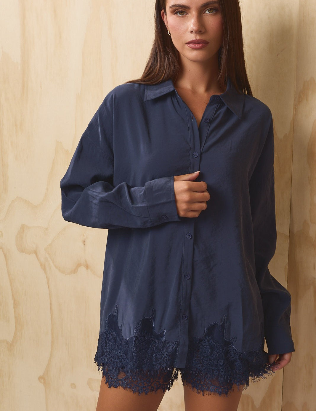 Lovelace Lace Hem Button Down - Dusty Navy