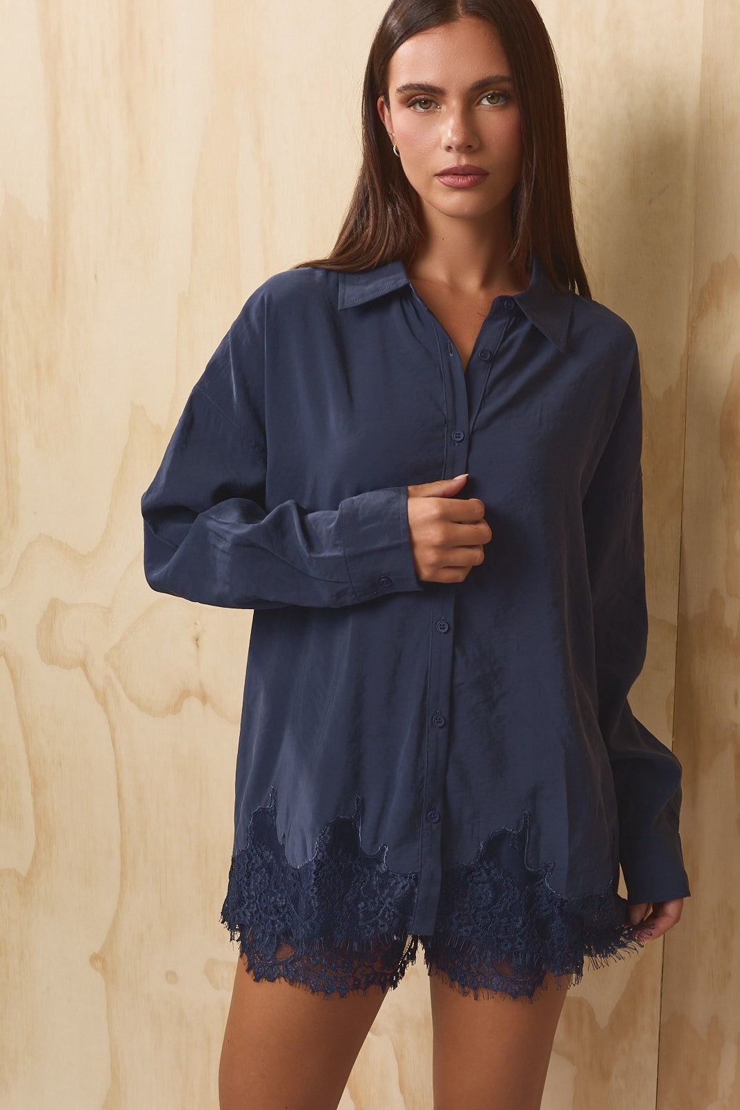 Lovelace Lace Hem Button Down - Dusty Navy