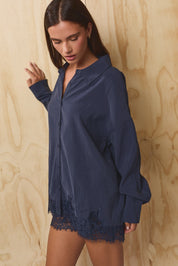 Lovelace Lace Hem Button Down - Dusty Navy