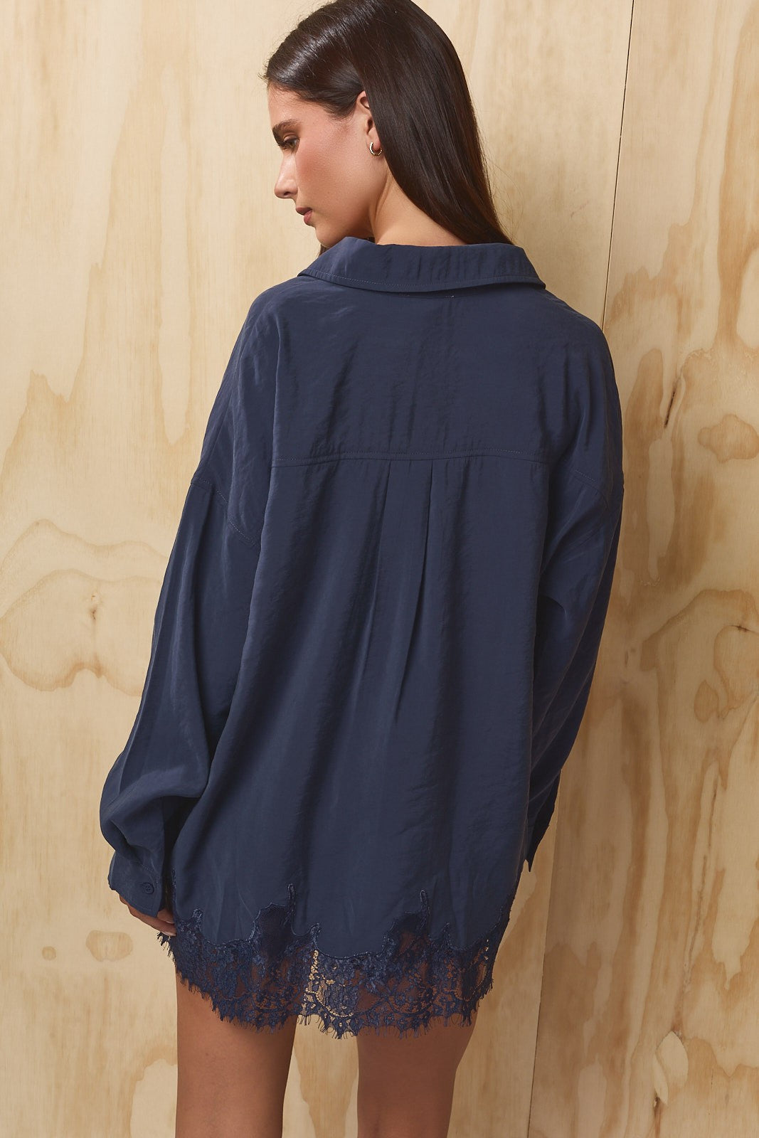 Lovelace Lace Hem Button Down - Dusty Navy