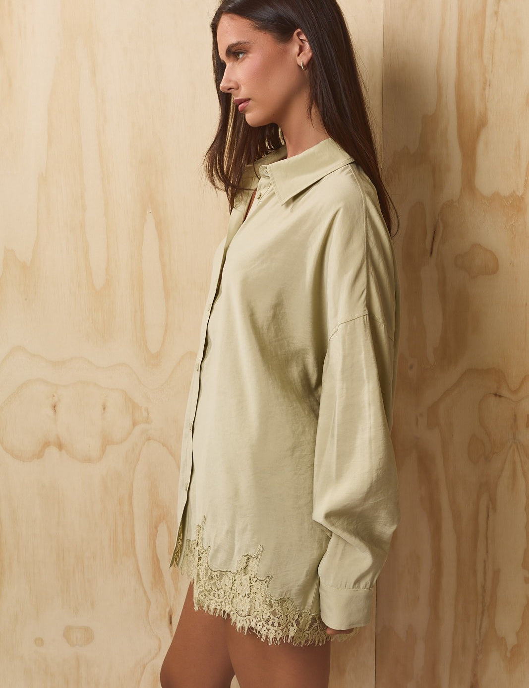 Lovelace Lace Hem Button Down - Olive
