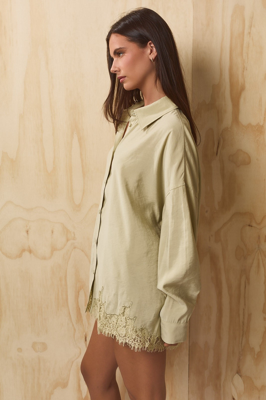 Lovelace Lace Hem Button Down - Olive