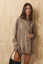 Lovelace Lace Hem Button Down - Taupe