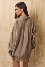 Lovelace Lace Hem Button Down - Taupe