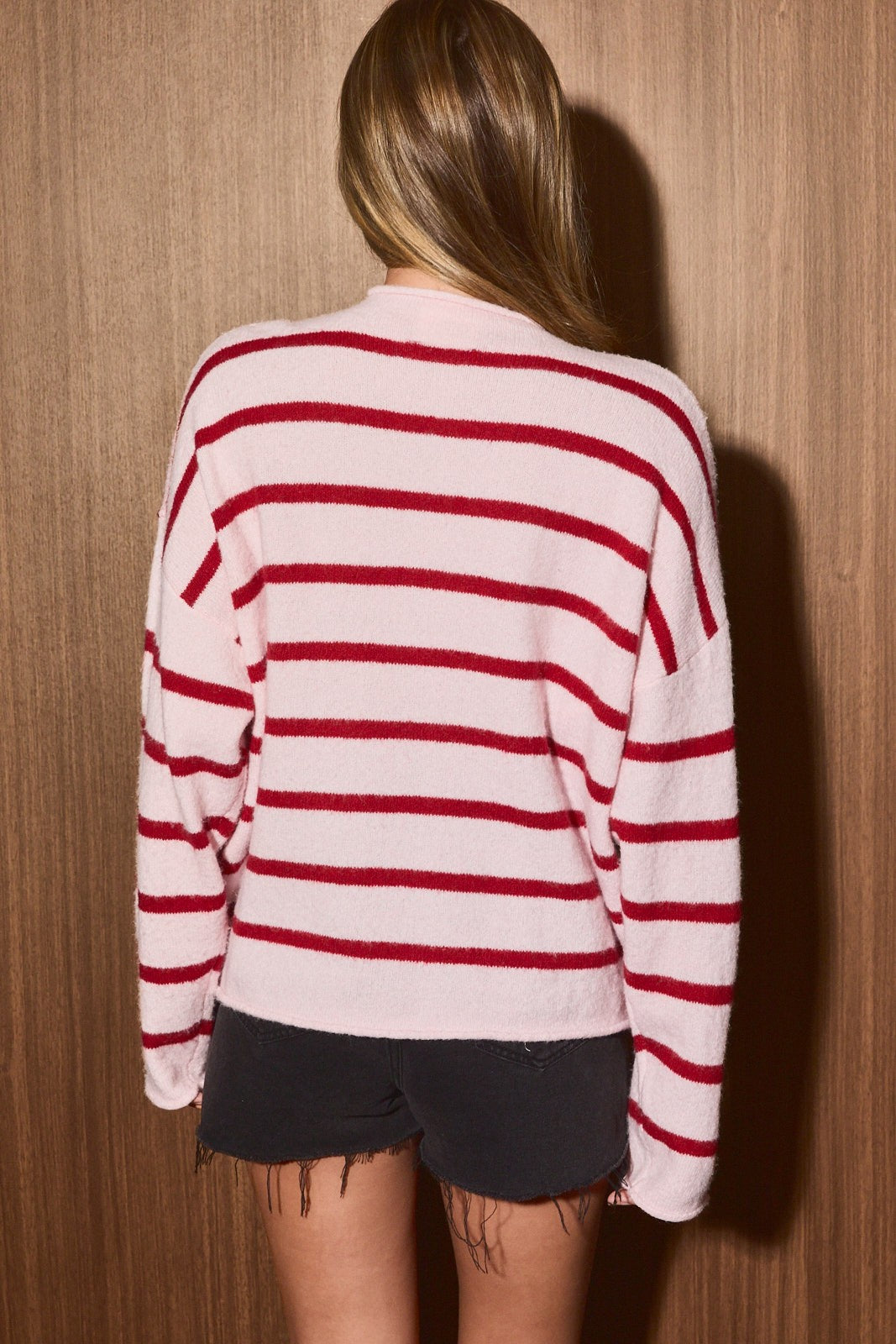 Lowtide Rolled Edge Stripe Cardigan - Pink Red Stripe