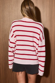 Lowtide Rolled Edge Stripe Cardigan - Pink Red Stripe