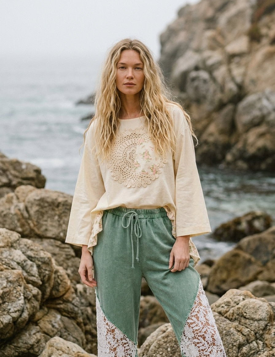 Lucia Boho Frilled Floral Crochet Patchwork Top - Westly