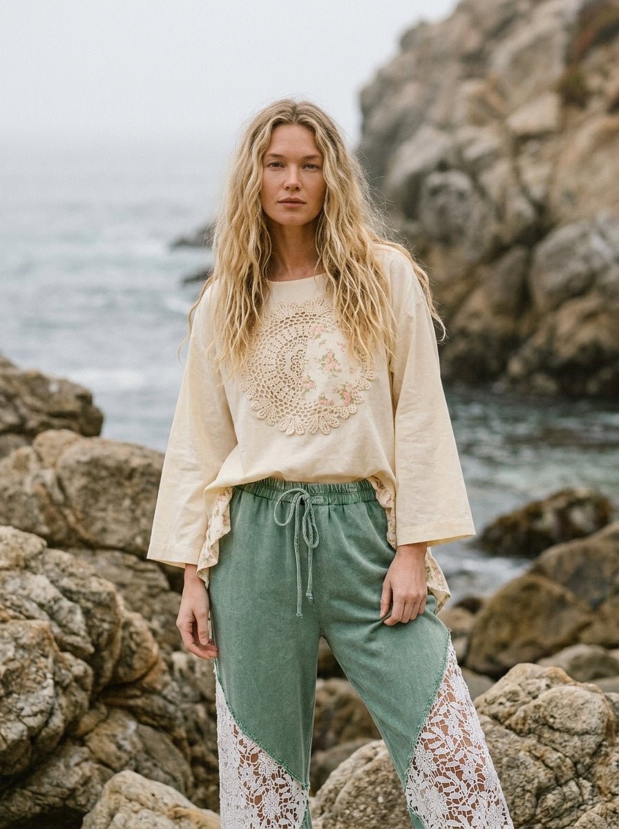 Lucia Boho Frilled Floral Crochet Patchwork Top - Westly