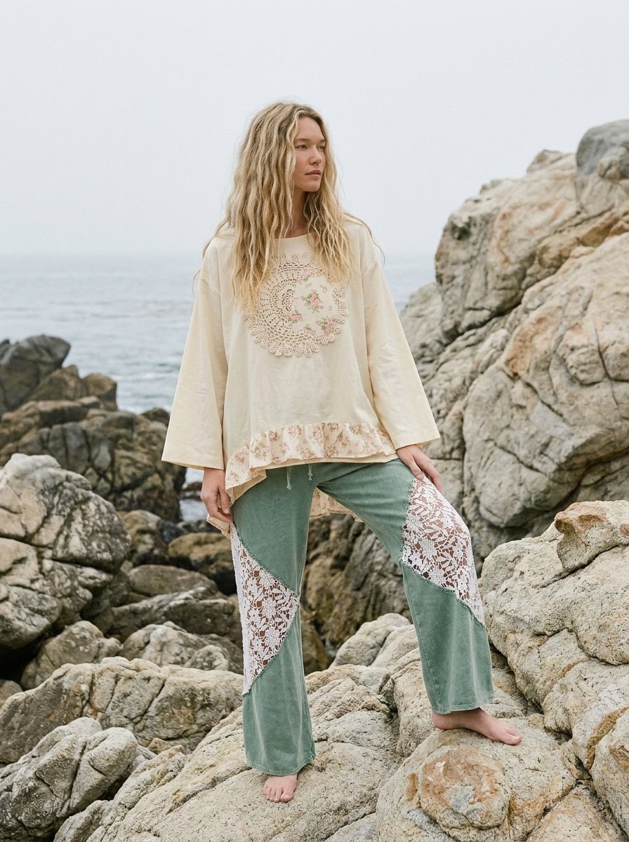 Lucia Boho Frilled Floral Crochet Patchwork Top - Westly