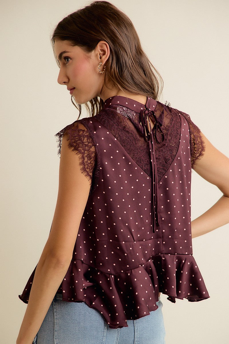 Lucienne Polka Dot Lace Peplum Top - Wine Pink