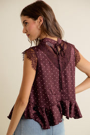 Lucienne Polka Dot Lace Peplum Top - Wine Pink