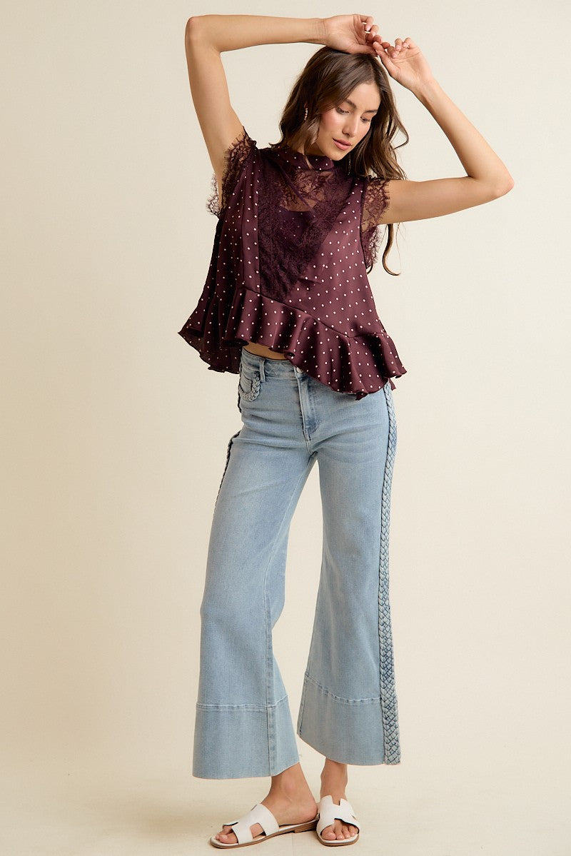 Lucienne Polka Dot Lace Peplum Top - Wine Pink