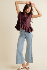 Lucienne Polka Dot Lace Peplum Top - Wine Pink