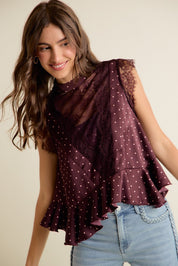 Lucienne Polka Dot Lace Peplum Top - Wine Pink