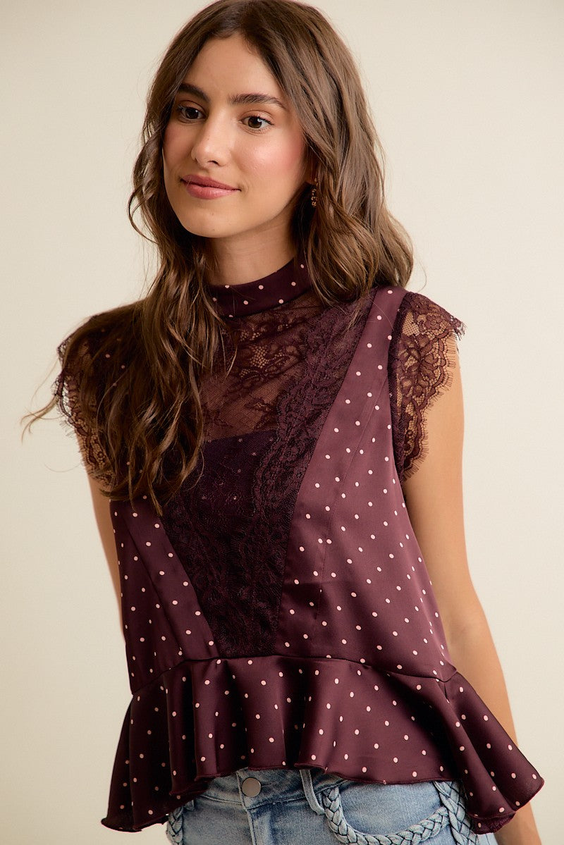 Lucienne Polka Dot Lace Peplum Top - Wine Pink