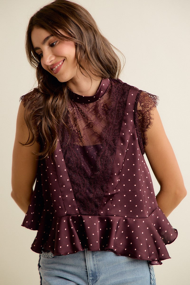 Lucienne Polka Dot Lace Peplum Top - Wine Pink