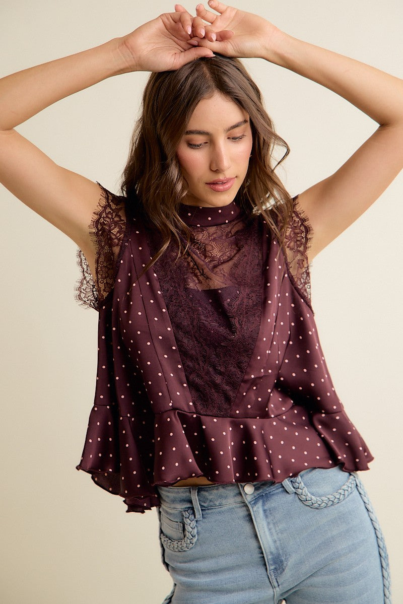 Lucienne Polka Dot Lace Peplum Top - Wine Pink