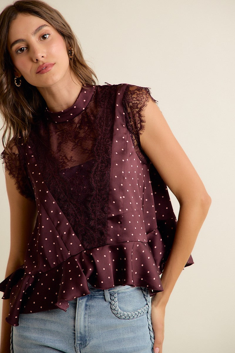 Lucienne Polka Dot Lace Peplum Top - Wine Pink