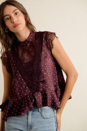 Lucienne Polka Dot Lace Peplum Top - Wine Pink