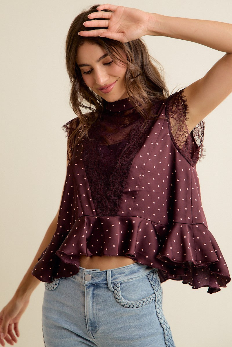 Lucienne Polka Dot Lace Peplum Top - Wine Pink