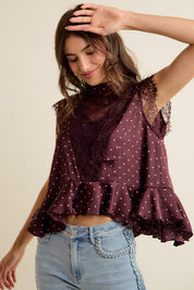 Lucienne Polka Dot Lace Peplum Top - Wine Pink