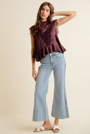 Lucienne Polka Dot Lace Peplum Top - Wine Pink