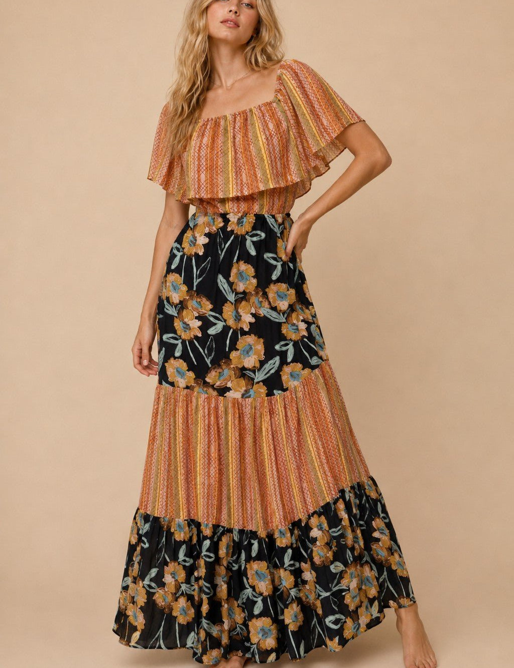 Lucille Mixed Print Flutter Sleeve Maxi Dress - Westly