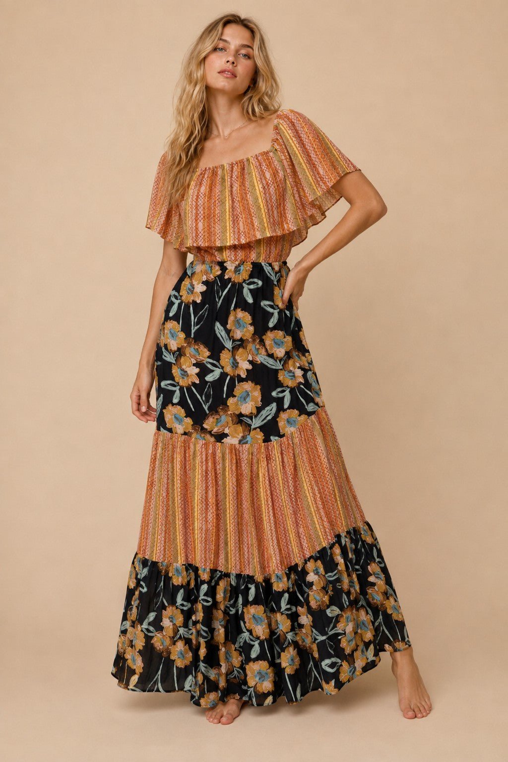 Lucille Mixed Print Flutter Sleeve Maxi Dress - Westly