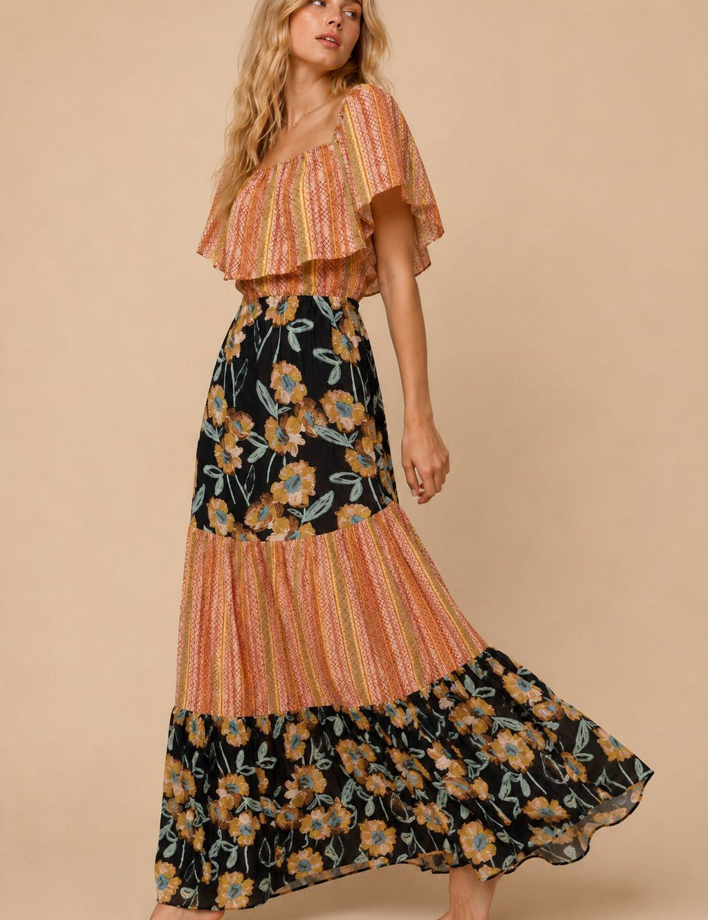 Lucille Mixed Print Flutter Sleeve Maxi Dress - Westly