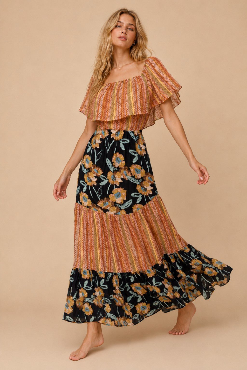 Lucille Mixed Print Flutter Sleeve Maxi Dress - Westly