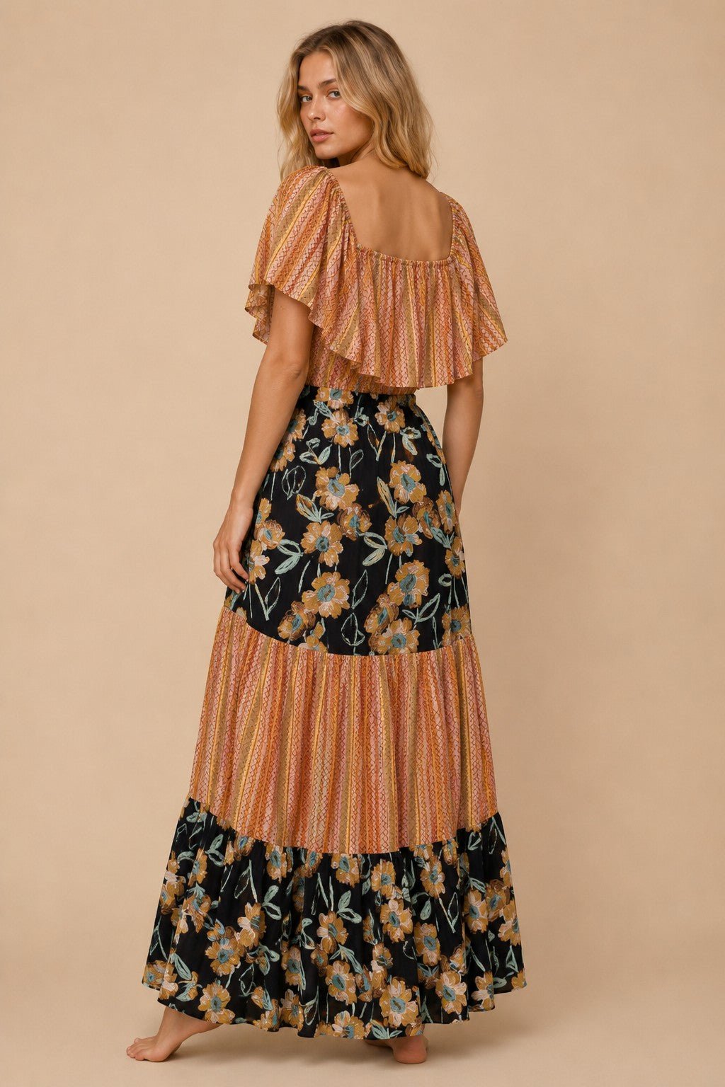 Lucille Mixed Print Flutter Sleeve Maxi Dress - Westly