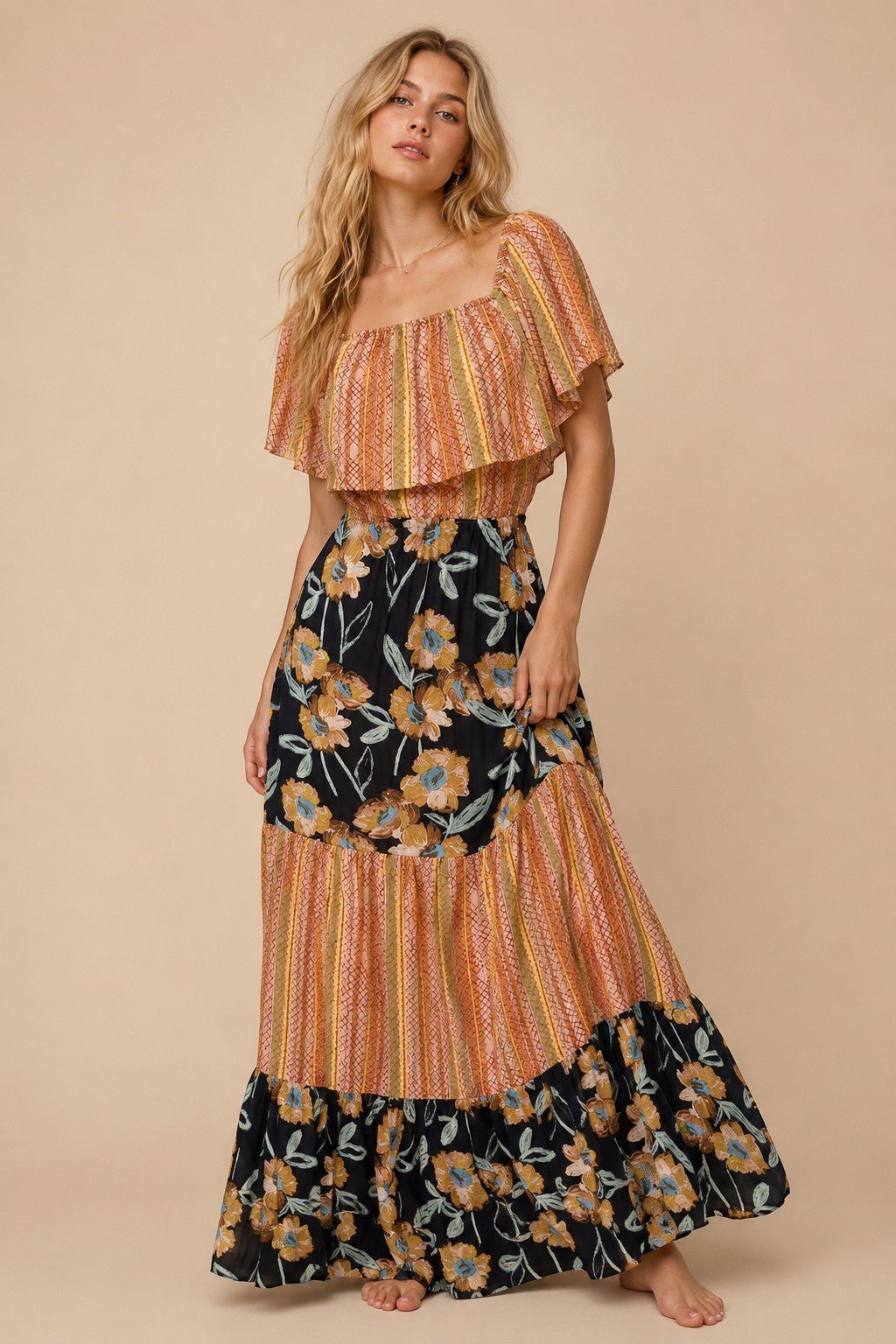 Lucille Mixed Print Flutter Sleeve Maxi Dress - Westly