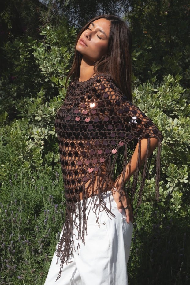 Lunara Sequin Open Crochet Fringe Knit Poncho - Westly