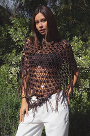 Lunara Sequin Open Crochet Fringe Knit Poncho - Westly
