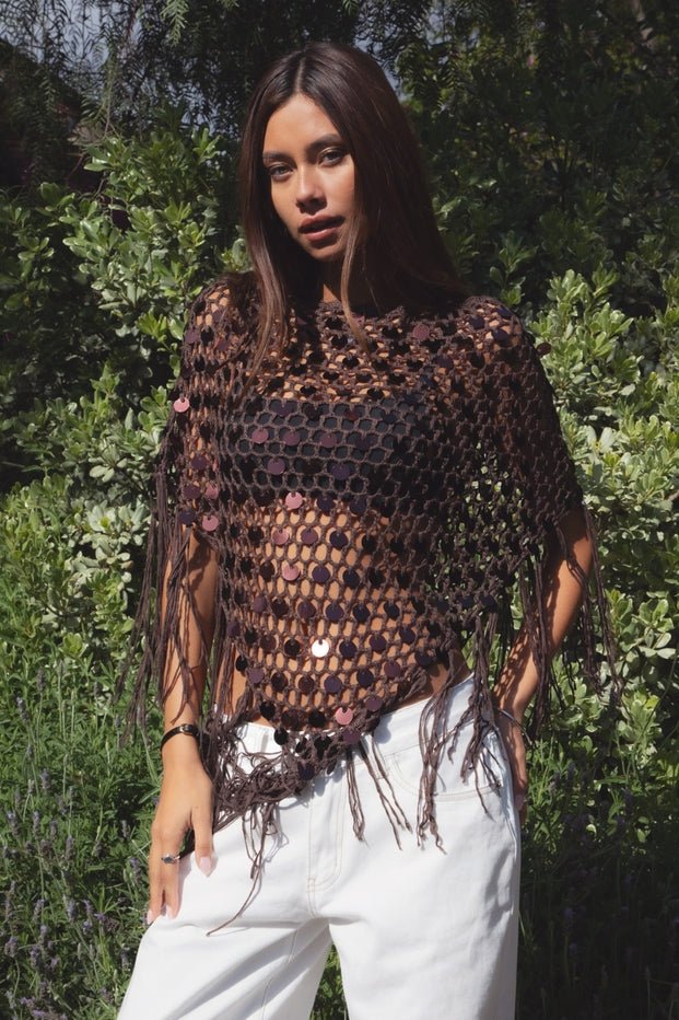 Lunara Sequin Open Crochet Fringe Knit Poncho - Westly