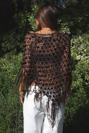 Lunara Sequin Open Crochet Fringe Knit Poncho - Westly