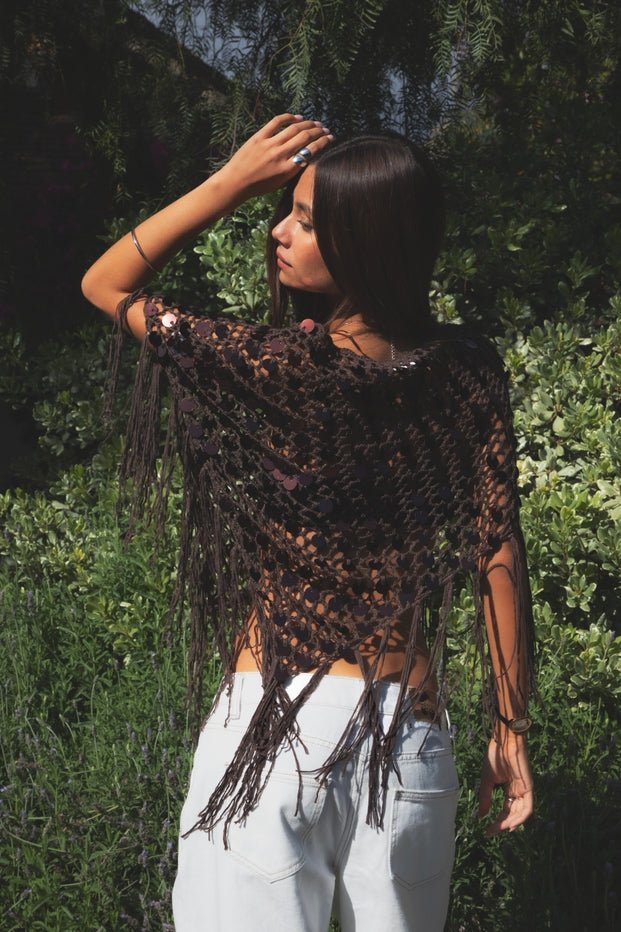Lunara Sequin Open Crochet Fringe Knit Poncho - Westly