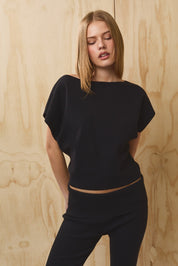 Lune Dolman Boatneck Knit Top - Black