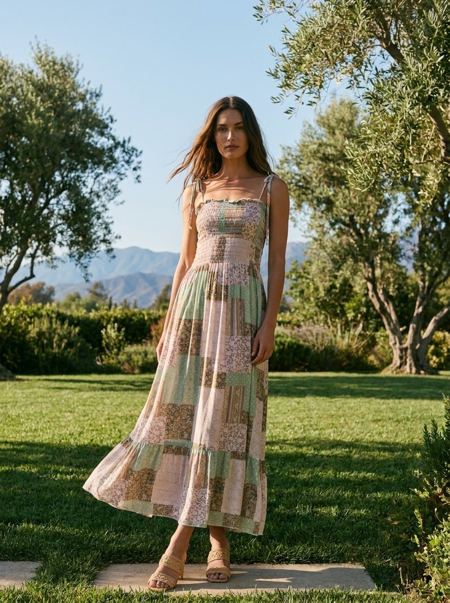magnolia maxi dress Patchwork Print Smocked 70s 'Candi Jones' Green Online Only Magnolia Silk Size:L | Ivory