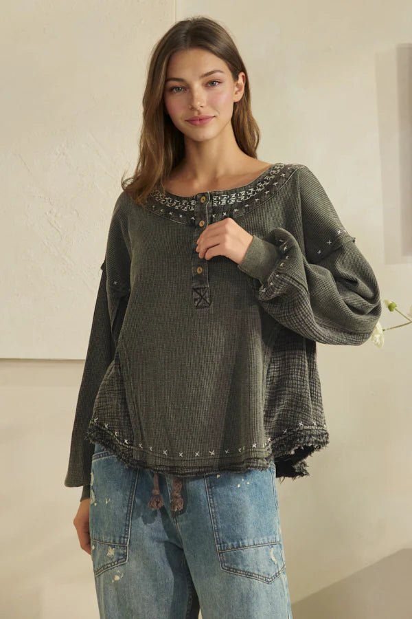 Mara Mineral Wash Waffle Henley Top - Westly