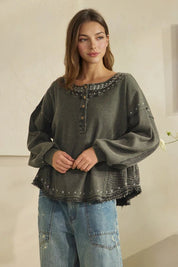 Mara Mineral Wash Waffle Henley Top - Westly