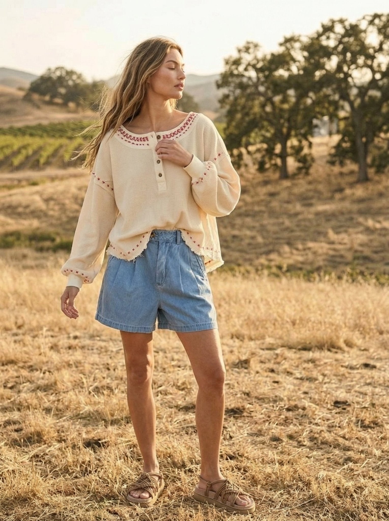 Mara Mineral Wash Waffle Henley Top - Westly