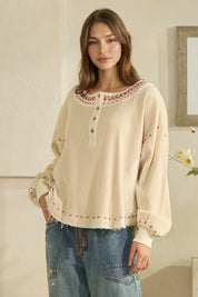 Mara Mineral Wash Waffle Henley Top - Westly