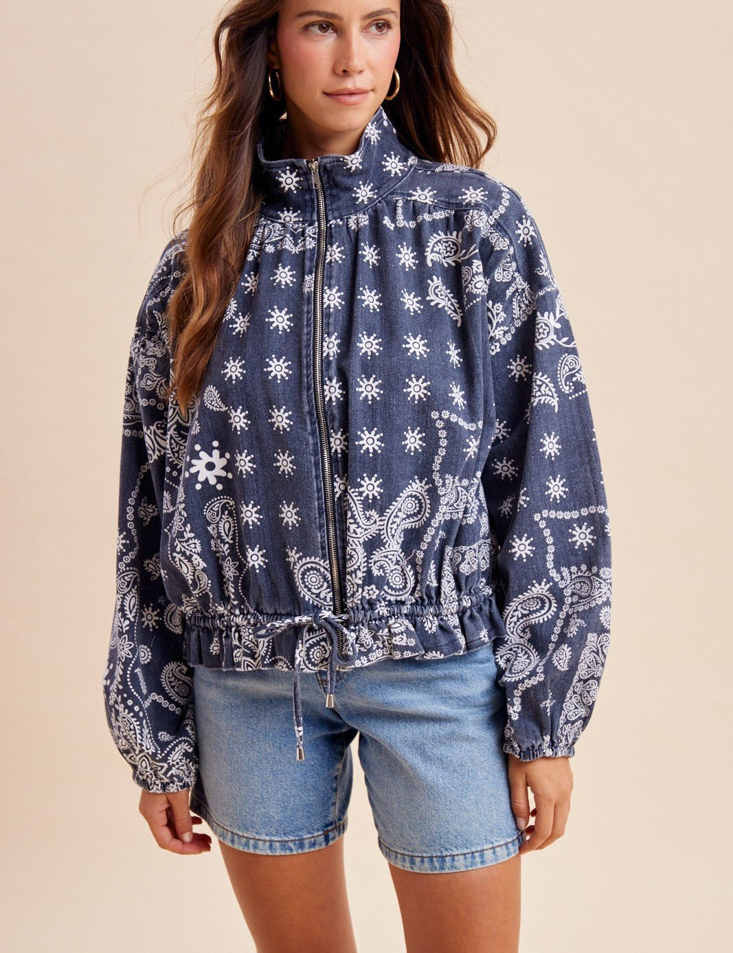 Marcy Bandana Print Drawstring Waist Bomber Jacket - Westly